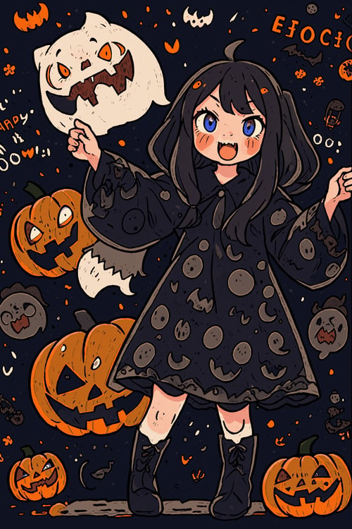 anime illustration, best shadows, halloween, pumpkins, ghosts, fangs, black lacy dress, black thigh boots, ann takamaki [persona], 1girl, happy expression, black twintails, blue eyes, scary pose with "happy halloween" word displayed
