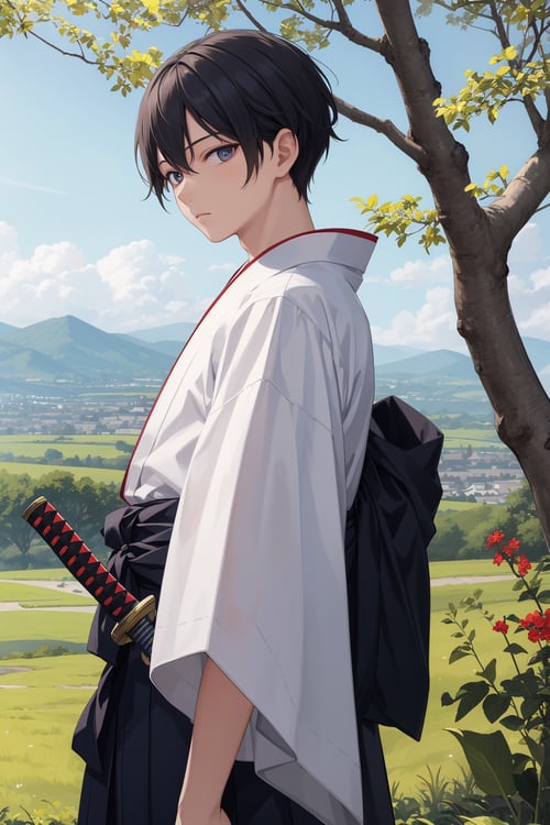masterpiece, best quality, incredibly absurdress, highres, high detail eyes, high detail background, 1boy, male hakama, from side, katana, blue sky, tree, leaf, looking at viewer, serenity
