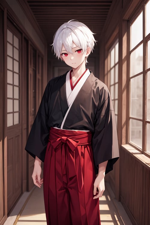 1boy, white hair, red eyes, masterpiece, best quality, formal hakama, katana, facing viewer, looking at viewer