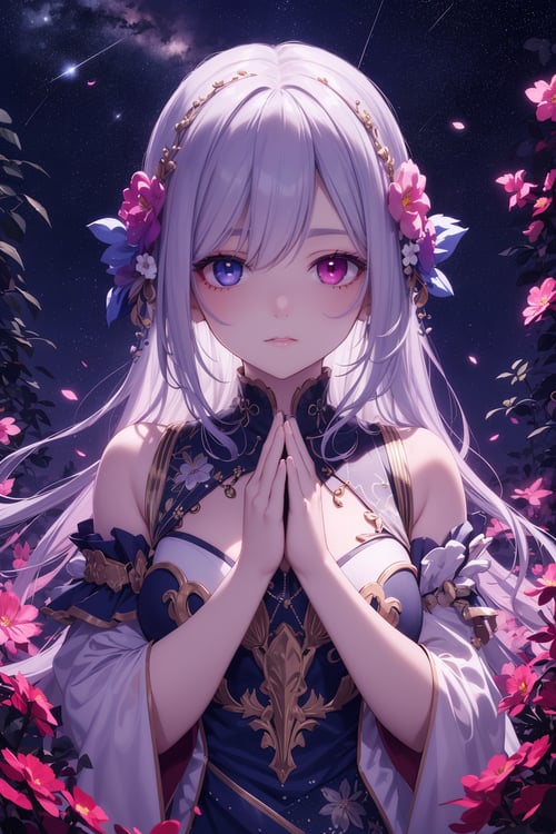 masterpiece, best quality, incredibly absurdress, highres, high detail eyes, high detail background, (glowing effect), starry sky, glowing nebula sky, colorful, neon light, fantasy 1girl, praying, glowing petals around hand