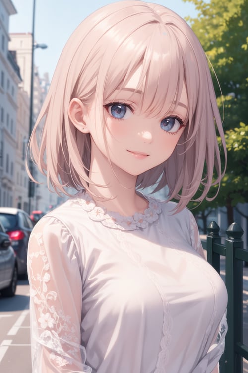 masterpiece, best quality, incredibly absurdress, highres, high detail eyes, high detail background, 1girl, casual outfit, outdoors, looking at viewer, medium hair, smile, close view