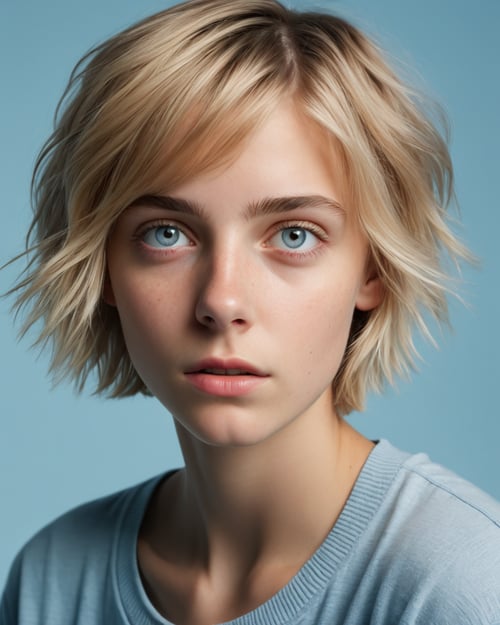 <lora:dthf64:1.0>,  portrait of a teen girl, 18 years old, shy, introvert, short straight blonde hair, light blue background, loose outfit, high resolution, photorealistic, photo, realism, sharp photography, a photograph of, maximum detail, sharp focus, intricate details, ultra - realistic, cinematic lighting, volumetric lighting, photography, beautiful details, cinematic lighting, render, 8k, Portra 800 medium format film, 105mm SMC Takumar, 3200 dpi scan, mist, octane render, unreal engine, 8k, photorealistic, digital, detailed, extra fine details, award photo quality, photorealism, 8k, uhd, unreal engine, octane, highly realistic resolution uhd 8k octane,