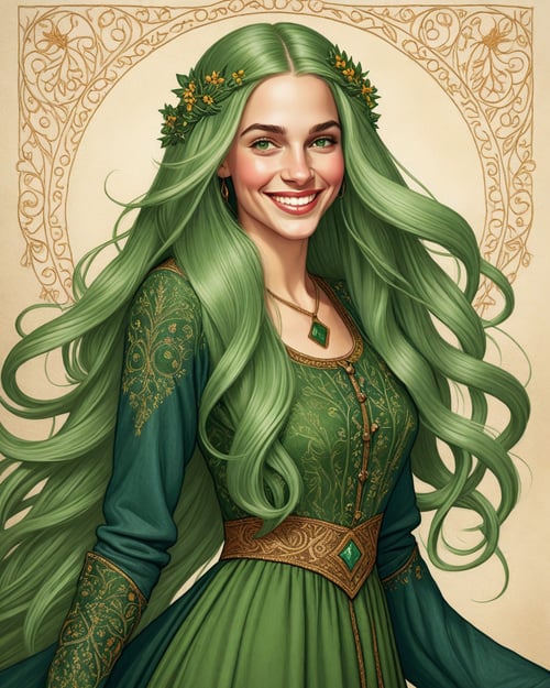 <lora:dthf64:1.0>,  the joyous smiling face of a handsome determined female singer in her 30s:: radiantly happy smile, bright laughing eyes::9 richly embroidered bodice and soft modest medieval noble lady dress::5 extremely long green hair::7 beautiful detailed fantasy art
