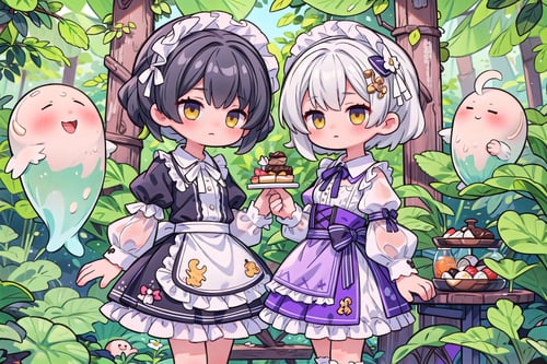 (masterpiece), 2girl, silver hair, black hair, medium hair, short hair, purple eyes, yellow eyes, medium breasts, white shirt, translucent, short black skirt, lace, frills, lace trims, frilled sleeves, frilled skirt, lolita fashion, maid, sweets, cookie, candy, swirl lollipop, chocolate, candy cane, (ghost), monster, swamp, jungle, cooking