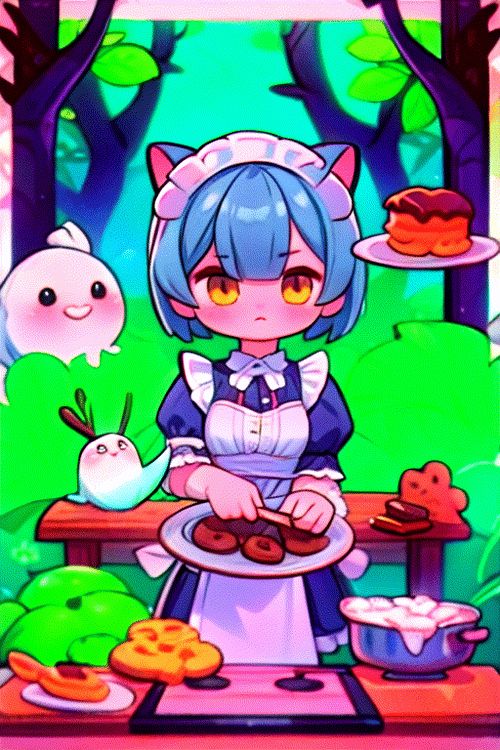 (masterpiece), 2girl, silver hair, black hair, medium hair, short hair, purple eyes, yellow eyes, medium breasts, white shirt, translucent, short black skirt, lace, frills, lace trims, frilled sleeves, frilled skirt, lolita fashion, maid, sweets, cookie, candy, swirl lollipop, chocolate, candy cane, (ghost with cat ears), monster, swamp, jungle, (cooking:1.3),