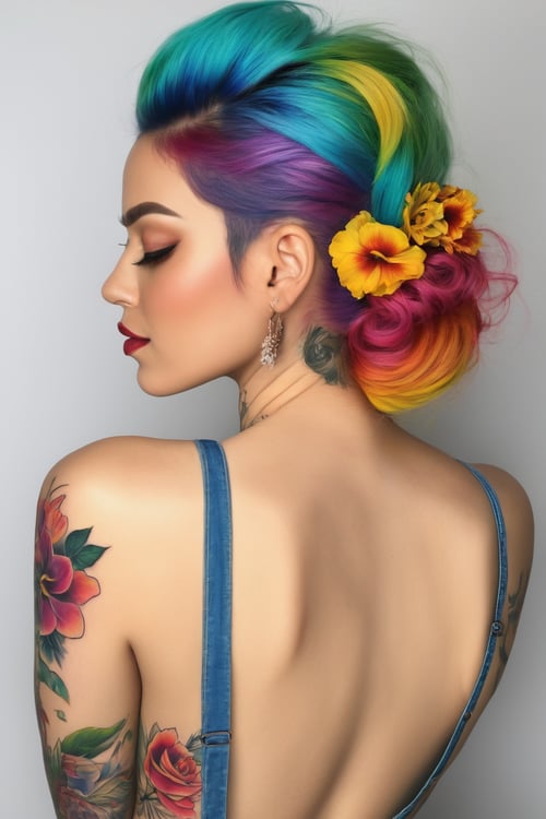 (masterpiece,  best quality,  niji style,  realistic),  beautiful lady back,  high detail skin,  hearted-lip,  rainbow hair,  Flower tattoo on back,  upper body shot,  eyes closed.