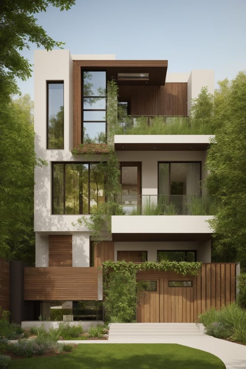 A modern street-facing house seamlessly integrates natural elements into its design. The architecture embodies an urban oasis concept, featuring a balcony adorned with lush greenery and a front yard that blends nature with the urban environment. Soft ambient lighting casts a warm and welcoming glow. Channeling the spirit of renowned architect Frank Lloyd Wright, this design showcases his signature organic architecture style. The medium for this artwork is an architectural blueprint rendered in high-definition 3D graphics, emphasizing every detail of the design. The color scheme primarily consists of earthy tones and various shades of green, enhancing the connection to nature