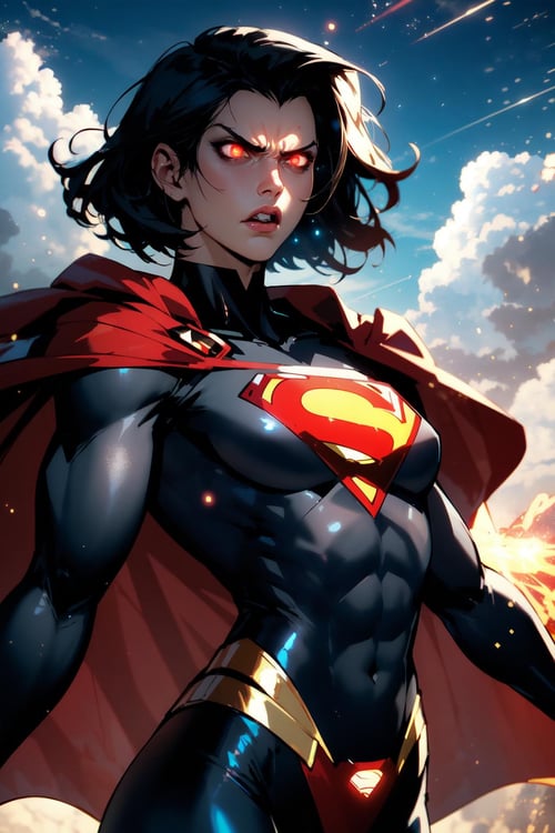 nijistyle, beautiful lady in superman cosrume, short black hair, angry, glowing red eyes, laser eyes, cape, particles, clouds, sky <lora:sxz-niji-v2:0.8>