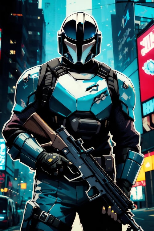 nijistyle, cyberpunk bounty hunter mandalorian, holding assault rifle, outline, <lora:sxz-niji-v2:0.8>