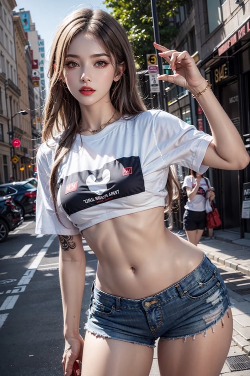 photorealistic, high resolution, 1women, mature female, solo, hips up, jewelry, tattoo, street wear, t-shirt, white hair, shorts, make up, red lips, girl