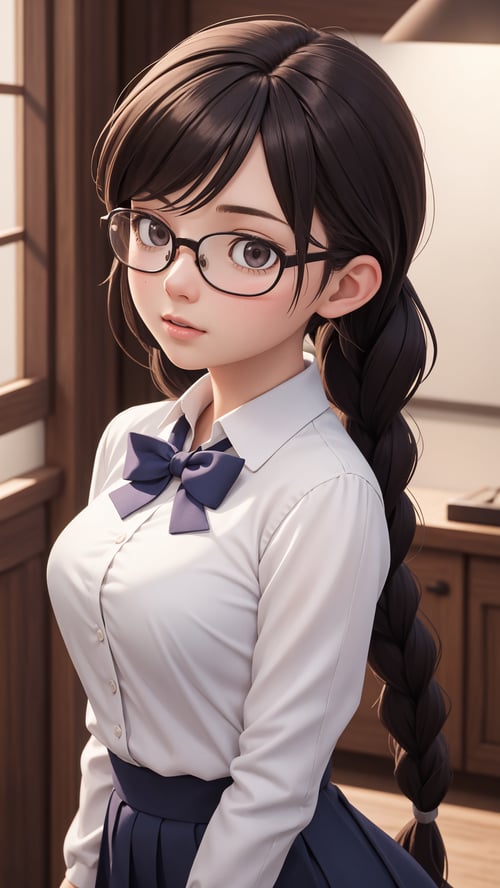 (masterpiece), best quality, high resolution, highly detailed, detailed background, perfect lighting, The student council girl with twin braids and glasses whom you don't know that she's a pervert until looking prompts