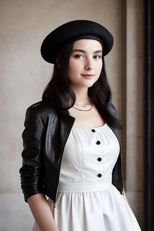 A radiant photography with a remarkably intricate vivid setting portraying an Elegant young lady looking like OlgaP1nup1, by Nicola Samori, She has a slightly rounded face, with a slight smile, She is wearing a white dress with a black beret, and a black leather jacket, a black knee-length skirt, and black leather boots