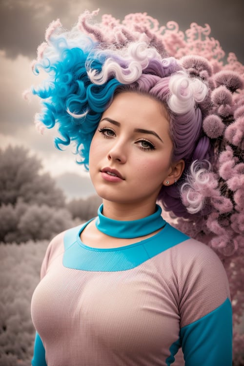 pictorialist photo of a woman, with (colorful:1.4) Hollywood Curls hair, wearing tracksuit, upper body, overcast lighting, from below, shot on Fujifilm X-T4, (infrared filter:1.4), in the style of Alberto Seveso