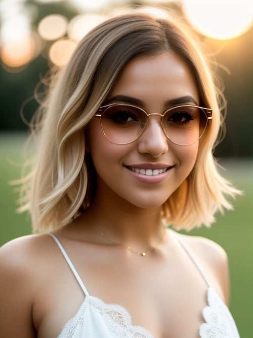 (dynamic pose:1.2),(dynamic camera),photo RAW,((close-up:1.3),a smiling Middle Eastern young_woman in Lace romper,Pumpkin Blonde,Short messy hairstyle,Butterfly Sunglasses,sunset,sunrays,look to camera,(bokeh:1.3)), masterpiece, award winning photography, natural light, perfect composition, high detail, hyper realistic, (natural colors, correct white balance, color correction, dehaze,clarity)