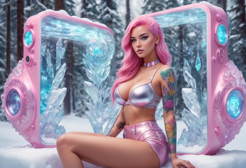 concept art 1girl, woman, athletic body, big breast, beautiful legs, heterochromia, Pink and Yellow colored hair, Soft Waves with Side Part style, wearing Holographic hologram projector clutch with interactive controls, Magical ice forest with frozen creatures and ice sculptures. background, Dotwork Tattoo, full body, full body shot, highly detailed, vivid color, 8k, 16k . digital artwork, illustrative, painterly, matte painting, highly detailed <lora:SDXLHighDetail_v5:0.8>