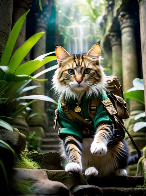 Long exposure photo of a cat, (adventurer outfit), lush_jungle, epic ruins, amazing details, amazing quality, masterpiece, . Blurred motion, streaks of light, surreal, dreamy, ghosting effect, highly detailed