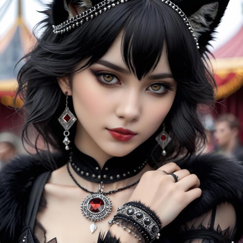 (Highest Quality, 4k, masterpiece, Amazing Details:1.1), wearing wear out gothic clothes, Shallow Depth of Field, E671, lens 50mm f/2.0, ((furry_wolf_girl anthro)), pircings, studded bracelet, (photorealistic) (RAW Photo)), ((gothic_circus))