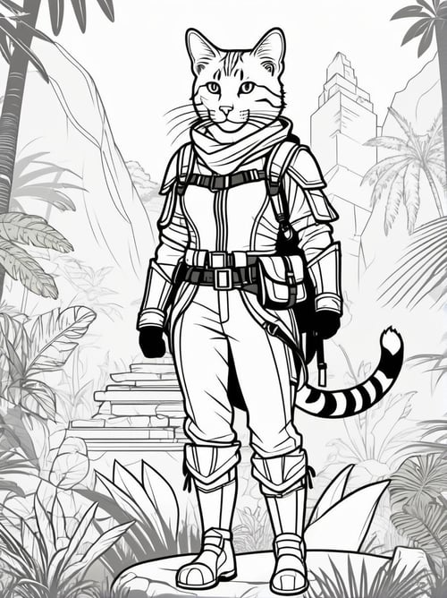 line art drawing a cat, (adventurer outfit), lush_jungle, epic ruins, amazing details, amazing quality, masterpiece, . professional, sleek, modern, minimalist, graphic, line art, vector graphics