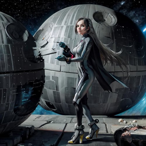 Highly detailed, High Quality, Masterpiece, beautiful, death star,  <lora:DeathStar:1.0>, spacecraft, space, scenery, epic, darth vader, elie macdowell, green eyes, hairband, <lora:Char_Meme_ElieMacDowell:0.9>, zero suit, blue gloves, high heels, <lora:Outfit_ZeroSuit:0.9>