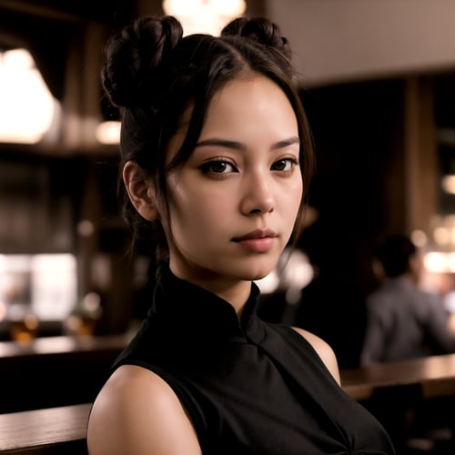 frontal view, facing the viewer, (looking at viewer:1.2), centered, face photography of a 22yo woman, | (beautiful detailed eyes:1.2), (double bun hairstyle), dark brown hair color, (dark brown eyes), (black tight dress), | sunset, bokeh, depth of field, | bar, indoors, tavern, | SF5 CHUN, SF6 CHUN,