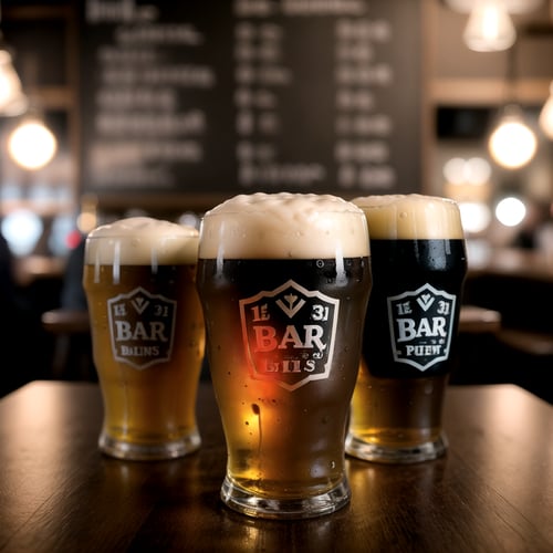 centered, photography, | table full of multiple beers pint, symetrical, realistic, | bokeh, depth of field, | bar, drinking bar, tavern, cozy lights, 
