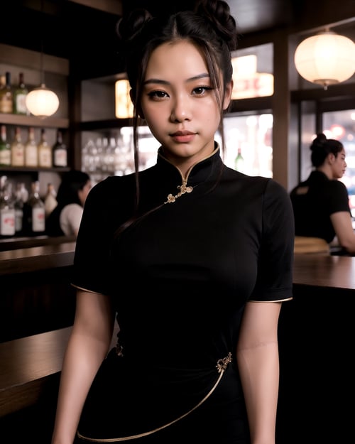 frontal view, facing the viewer, (looking at viewer:1.2), centered, over waist photography of a 22yo chinese-american woman, | (beautiful detailed eyes:1.2), (double bun hairstyle), dark brown hair color, (dark brown eyes), (black tight dress), | sunset, bokeh, depth of field, | bar, indoors, tavern, | SF5 CHUN, SF6 CHUN,