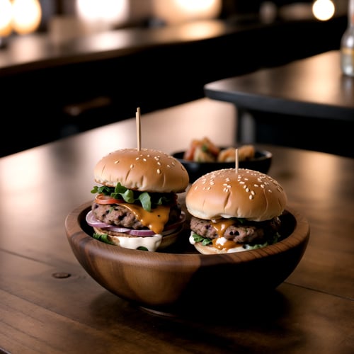 centered, photography, | wooden bowl, tiny doble burger, delicious, symetrical, realistic, | bokeh, depth of field, | bar, drinking bar, tavern, cozy lights, 