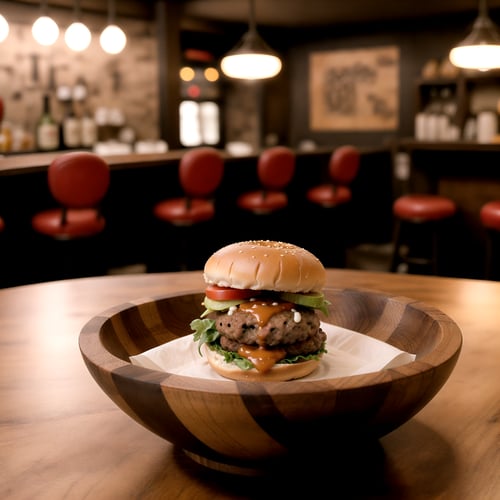 centered, photography, | wooden bowl, tiny doble burger, delicious, symetrical, realistic, | bokeh, depth of field, | bar, drinking bar, tavern, cozy lights, 