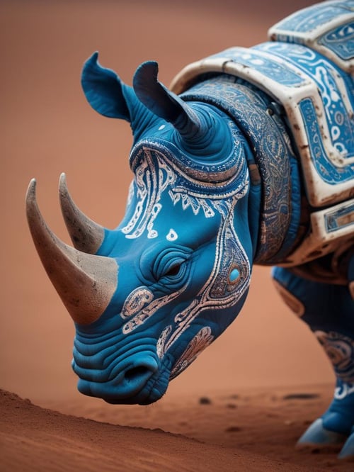 Rhinoceros with neon blue (paisley patterns:1.2) , on the surface of Mars | head shot pose, realistic photo, taken with large format film camera