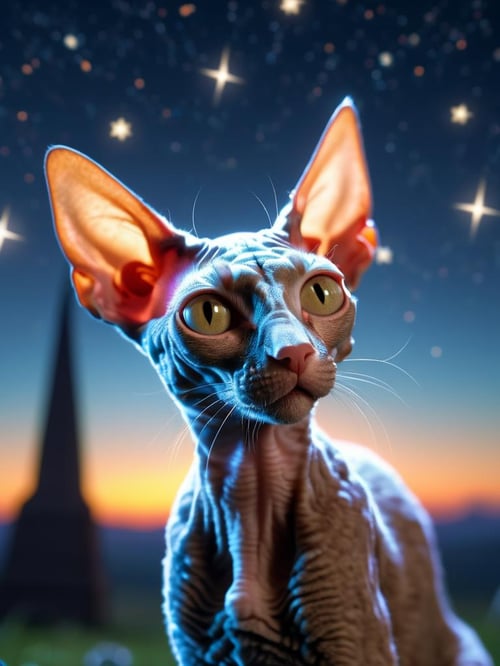 art by Paul Ranson,art by Guido Reni, VRay, Octane render, Adroit Cornish Rex Cat, Stars in the sky, shallow depth of field, 70s Science Fiction, F/1.8