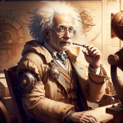 <lora:DaVinciTech-25:0.9>, scifi, davincitech, by leonardo da vinci,  steampunk, man , Albert Einstein, <lora:Albert Einstein:0.8> , scientist coat, 