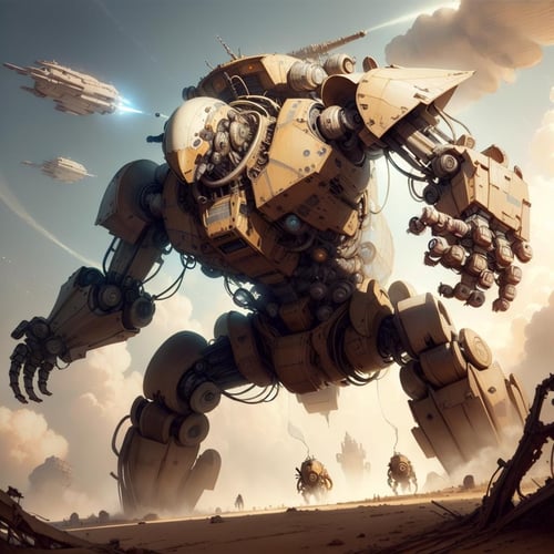 <lora:DaVinciTech-25:1>, scifi, davincitech, by leonardo da vinci,   colossal battle mech, , destruction, from below, 