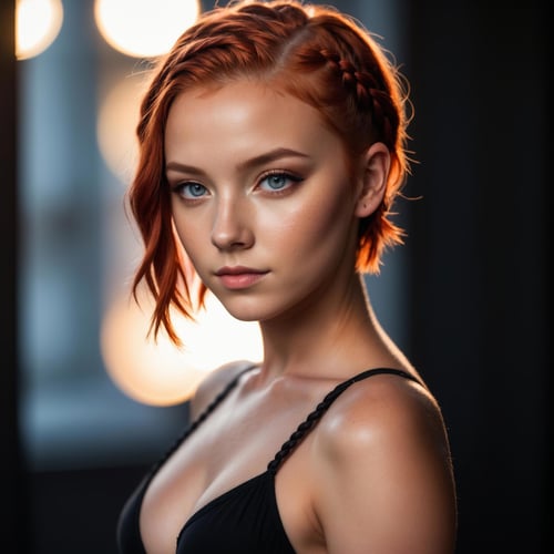 photo of 18 y.o woman, perfect eyes, short red hair, braid, looks at viewer, cinematic shot, hard shadows, full body, skimpy, high quality photography, 3 point lighting, flash with softbox, 4k, Canon EOS R3, hdr, smooth, sharp focus, high resolution, award winning photo, 80mm, f2.8, bokeh