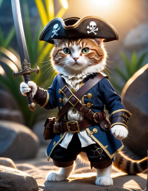 (a pirate_cat), (adventurer outfit:1.2), searching for treasure, holding a sword and a pistol, ((close up:1.1)), high quality photography, 3 point lighting, flash with softbox, 4k, Canon EOS R3, hdr, smooth, sharp focus, high resolution, award winning photo, 80mm, f2.8, bokeh