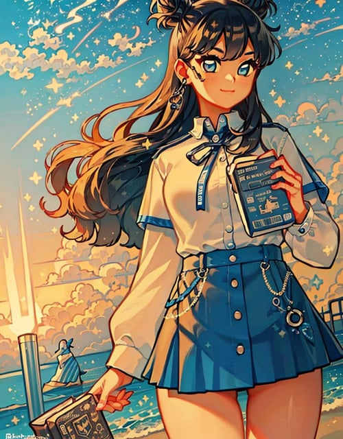 1girl, black hair, long hair, hair bun, school uniform, skirt, jacket, shorts, books, beach city, (detailed ladscape:1.2), (dynamic_angle:1.2), (dynamic_pose:1.2),(masterpiece:1.2), (best quality, highest quality), (ultra detailed), (8k, 4k, intricate), (cowboy shot:1), (highly detailed:1.2),(detailed face:1),(gradients),(ambient light:1.3),(perfect_anatomy:1.2), cinematic composition, <lora:Bobotae_Style:1>