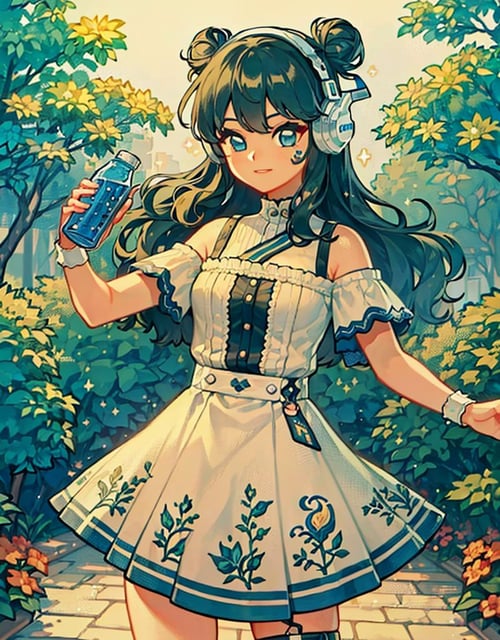 1girl, blue hair, double bun, headphones, skirt, dress, soda, garden, plants, (detailed ladscape:1.2), (dynamic_angle:1.2), (dynamic_pose:1.2),(masterpiece:1.2), (best quality, highest quality), (ultra detailed), (8k, 4k, intricate), (cowboy shot:1), (highly detailed:1.2),(detailed face:1),(gradients),(ambient light:1.3),(perfect_anatomy:1.2), <lora:Bobotae_Style:0.75>