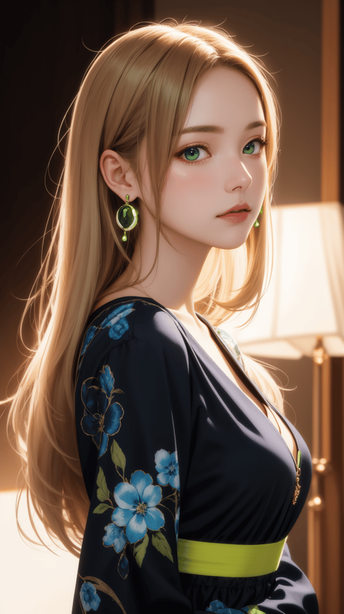 A beautiful girl with off-white long hair, white luminous eyes, green luminous earrings, and a black floral dress with blue and green patterns, masterpiece, studio light, professional, highres, best quality, HDR, shot from the side Light,