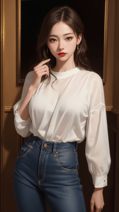 (masterpiece, best quality:1.4),(photorealistic:1.4)(realistic, photo-realistic:1.4),8k UHD,ultra high res,RAW,HDR,black eyes,black eyes,looking at viewer, thin lips, red lipstick, cowboy shot,