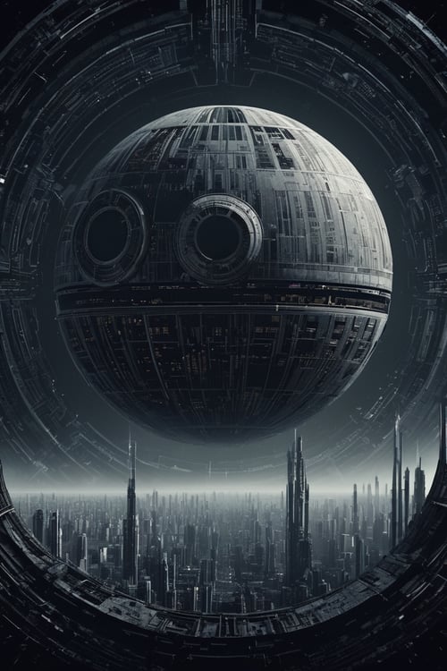 biomechanical cyberpunk  star wars movie poster in the style of a minimalist, Death Star as a sun in the back ground . cybernetics, human-machine fusion, dystopian, organic meets artificial, dark, intricate, highly detailed 