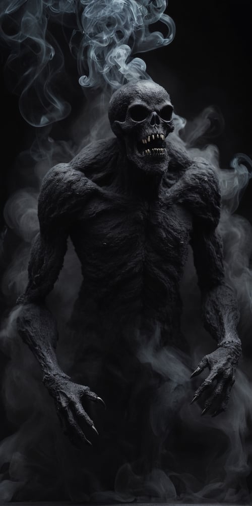 a creepy, terrific, macabre, monster made of black smoke,  dark theme, high contrast