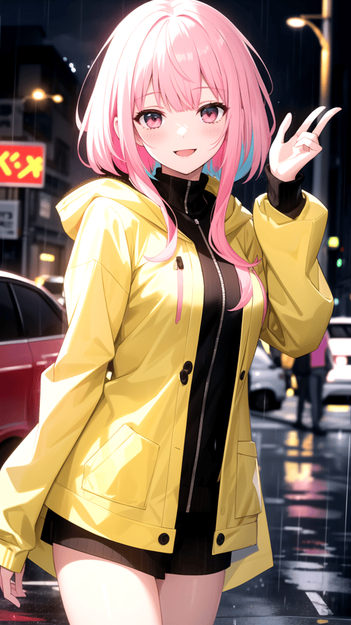 (masterpiece, best quality), 1girl, streets, yellow rain coat, best quality, happy, smile, heavy rain, ((multicolored, white hair, pink hair)), city, cowboy shot