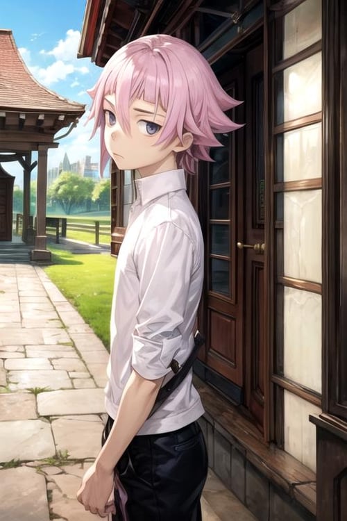 masterpiece, best quality, illustration, 1boy, solo, male focus, looking at viewer, , , , , <lora:crona_soul_eater:0.66>, crona_soul_eater, pink hair, black eyes, , , shrine,