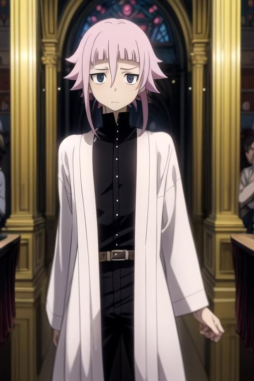 masterpiece, best quality, movie still, 1boy, solo, male focus, looking at viewer, , depth of field, anime coloring, , <lora:crona_soul_eater:0.74>, crona_soul_eater, pink hair, black eyes, short hair with long locks, , greek costume, science fiction soft science fiction, 16k resolution