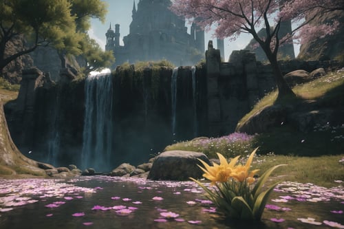 (Masterpiece,  Best Quality),  highres,  (8k resolution wallpaper),  dutch angle,  ff14bg,  no humans,  wide shot,  fantasy,  landscape,  beautiful,  outdoors,  (details:1.2),  water,  (no humans),  spring \(season\),  nature,  blurry foreground,  flowers,  sharp focus,  shadow,  (deep depth of field:1.3),  volumetric lighting,  sunlight,  day,  extremely detailed background,  fantastic,  ancient ruins,  mysterious,  (intricate details:1.2),  waterfall,  highly detailed,  4k,  insaneres,  windy,  flying petals, <lora:EMS-48308-EMS:1.000000>