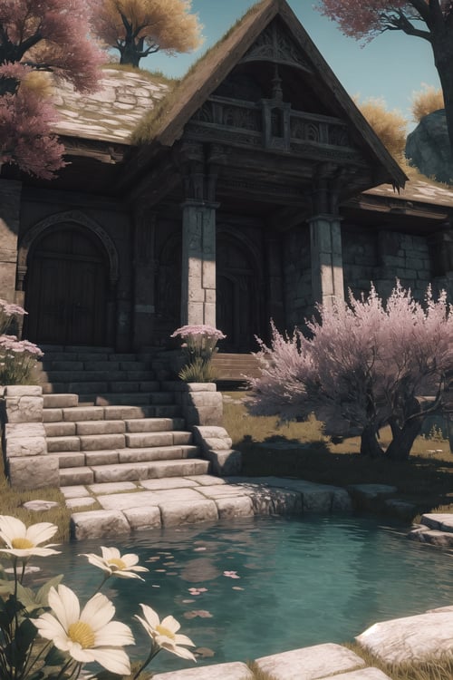 (Masterpiece,  Best Quality),  highres,  (8k resolution wallpaper),  dutch angle,  ff14bg,  no humans,  wide shot,  fantasy,  landscape,  beautiful,  outdoors,  (details:1.2),  water,  (no humans),  spring \(season\),  nature,  flowers,  sharp focus,  shadow,  (deep depth of field),  volumetric lighting,  sunlight,  day,  extremely detailed background,  fantastic,  ancient ruins,  mysterious,  (intricate details:1.2),  highly detailed,  4k, ff14bg, <lora:EMS-48308-EMS:1.000000>