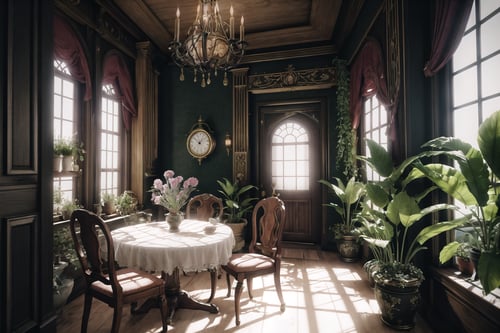 (Masterpiece,  Best Quality),  insaneres,  (8k resolution),  ff14bg,  fantasy,  flower,  indoors,  no humans,  chair,  table,  plant,  scenery,  fantasy,  clock,  potted plant,  loaded interior (extremely detailed),  volumetric lighting,  soft lighting,  bloom,  day,  (depth of field:1.1), <lora:EMS-179-EMS:0.300000>, , <lora:EMS-48308-EMS:0.800000>