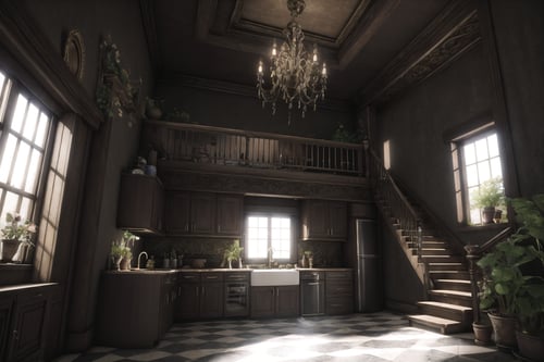 (Masterpiece,  Best Quality),  insaneres,  (8k resolution),  ff14bg,  fantasy,  surreal,  loft,  flower,  indoors,  no humans,  window,  kitchen,  tiled floor,  door,  (stairs),  table,  plant,  instrument,  box,  scenery,  (extremely detailed),  volumetric lighting,  (depth of field:1.1),  dark studio,  low key,  (intricate details,  intricate design:1.2),  nature outside,  tree, ff14bg, <lora:EMS-48308-EMS:0.800000>