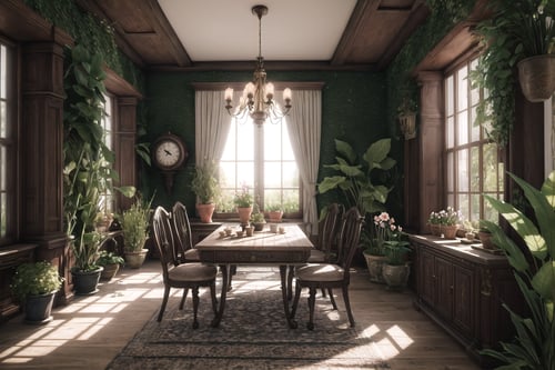 (Masterpiece,  Best Quality),  insaneres,  (8k resolution),  ff14bg,  fantasy,  flower,  indoors,  no humans,  chair,  table,  plant,  scenery,  fantasy,  clock,  potted plant,  loaded interior (extremely detailed),  volumetric lighting,  soft lighting,  bloom,  day,  (depth of field:1.1), <lora:EMS-179-EMS:0.300000>, , <lora:EMS-48308-EMS:0.800000>