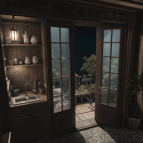 (Masterpiece,  Best Quality),  insaneres,  (8k resolution),  ff14bg,  fantasy,  surreal,  loft,  flower,  indoors,  no humans,  kitchen,  tiled floor,  door,  (stairs),  (night:1.2),  table,  plant,  bookshelf,  instrument,  box,  scenery,  (extremely detailed),  volumetric lighting,  night,  (depth of field:1.1),  dark studio,  low key,  (intricate details,  intricate design:1.2),  (nature outside window,  tree:1.3), <lora:EMS-48308-EMS:0.900000>