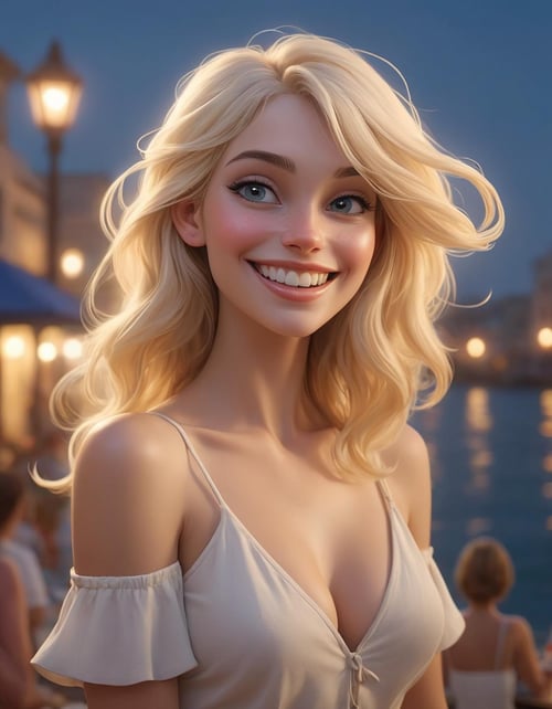 High Fantasy Art Magical mythical enchanted epic enigmatic spellbinding , extremely content happy smile , + / A thin blonde haired woman on vacation enjoying the local party scene in Alexandria at evening